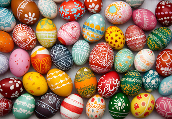 Colorful Easter eggs in various sizes and colors arranged beautifully, showcasing intricate designs and patterns, evoke festive spirit