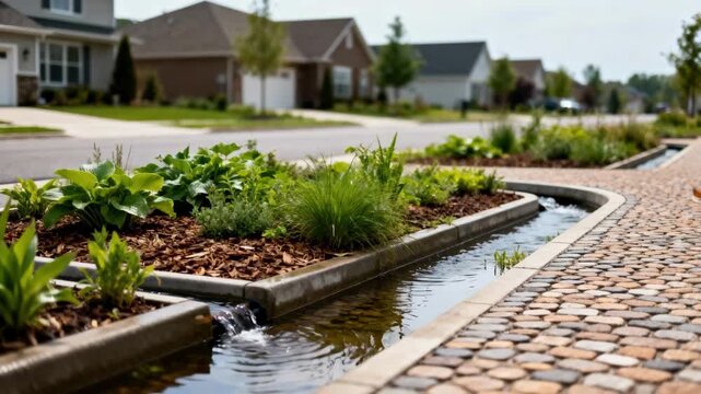 Medium shot capturing infiltration system with permeable pavement and rain gardens reducing surface runoff in a suburban street.