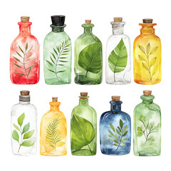 A collection of decorative glass bottles filled with vibrant leaves and botanical designs.