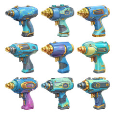 A collection of colorful futuristic drills showcasing innovative design.