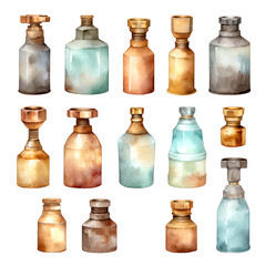 A collection of vintage glass bottles in various shapes and colors.
