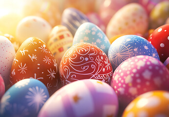 Colorful Easter eggs in various sizes and designs create vibrant and festive atmosphere, perfect for celebrating holiday