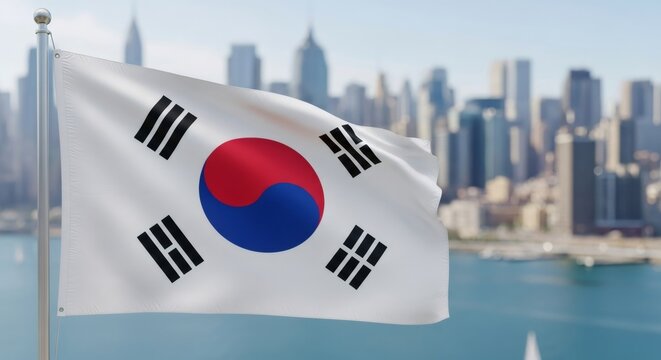 South Korea national flag blowing in the wind with blur city background. National patriotism symbol banner for holiday celebration. - Powered by Adobe
