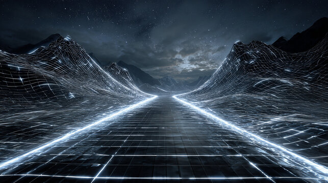 Light paths forming a futuristic grid, glowing with neon hues, creating a sense of depth, technology, and digital architecture in a dynamic sci-fi style.