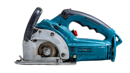 Close up of a blue and silver circular saw on a black background