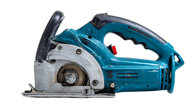 Close up of a blue and silver circular saw on a black background