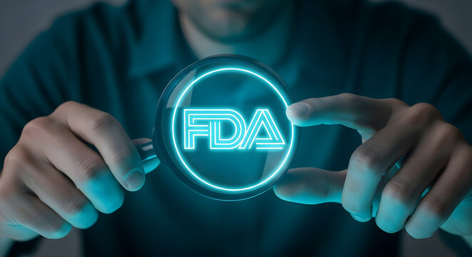 Expert scrutiny of FDA regulations with magnifying glass and neon glow