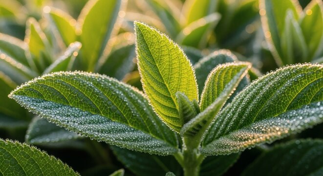 fresh green leaves covered with morning dew