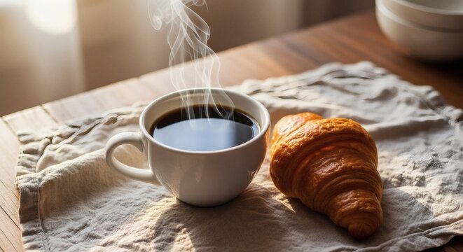 Top view of steaming cup of coffee with croissant