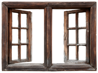 Old wooden window with open shutters against a dark background