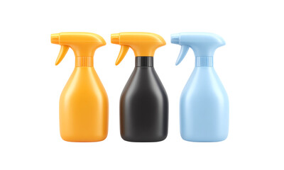 Set of colorful spray bottles for cleaning and household use on a white background.