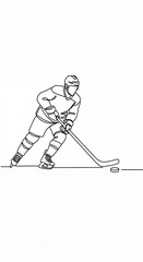 Fototapeta premium A dynamic minimalist single-line illustration captures a hockey player in full gear, skillfully maneuvering a puck with a stick on a bright, uncluttered white surface.