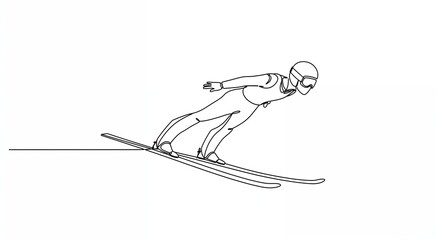 A minimalist single-line drawing depicts a ski jumper in full flight, showcasing dynamic motion and winter sport athleticism against a clean white background.