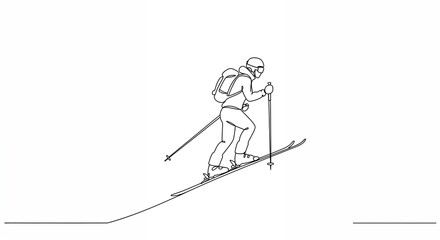 A minimalist single-line illustration features an intrepid ski mountaineer ascending a snowy slope with skis and poles, equipped with a helmet and backpack.