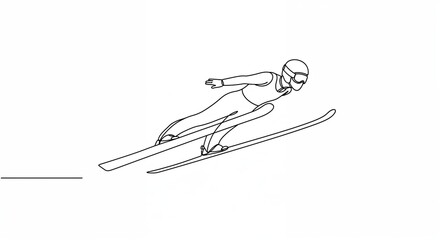 Fototapeta premium A minimalist single-line illustration depicts a ski jumper gracefully soaring through the air, captured in an elegant, continuous black stroke on a clean white background.