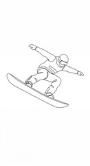 A skilled snowboarder is depicted mid-jump, executing a trick with arms outstretched, presented in a clean minimalist line art style on white.