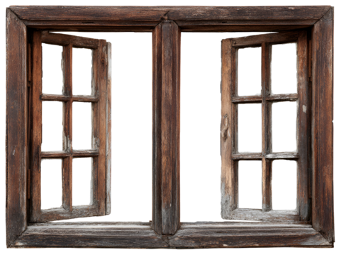 Old wooden window with open shutters against a dark background - Powered by Adobe