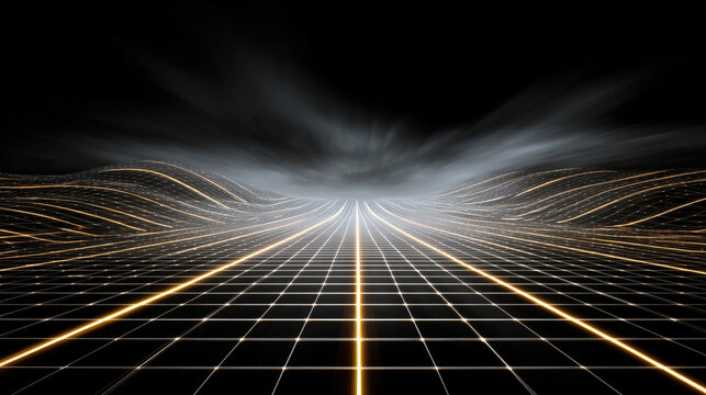 Light paths forming a futuristic grid, glowing with neon hues, creating a sense of depth, technology, and digital architecture in a dynamic sci-fi style.