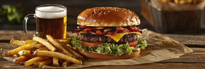 A classic burger and fries served with a frosty mug of beer on a picnic table