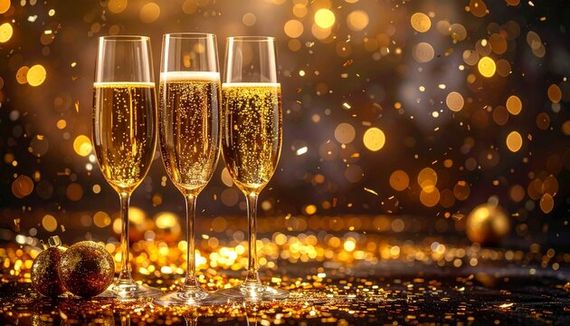 New year’s eve celebration with champagne glasses, gold confetti, and sparkling lights  festive december 