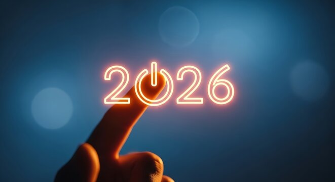 Finger presses glowing neon 2026 power button, future start