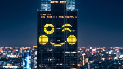 Giant Emoji Face Projected Onto Skyscraper at Night Over Cityscape. - Powered by Adobe