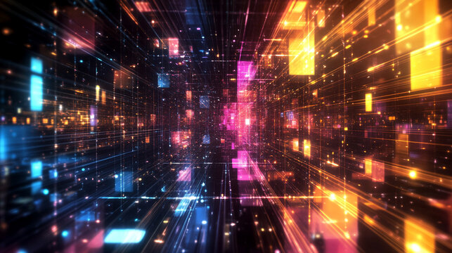 Light paths forming a futuristic grid, glowing with neon hues, creating a sense of depth, technology, and digital architecture in a dynamic sci-fi style.