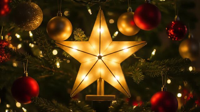 A close-up view of a Christmas tree adorned with festive red and gold baubles, illuminated with warm twinkling lights, and topped with a glowing seven-pointed star.