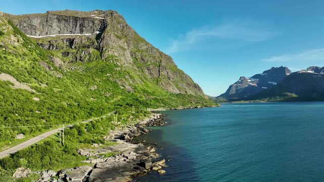 Aerial shot of the amazing landscapes along the coast of Northern Norway