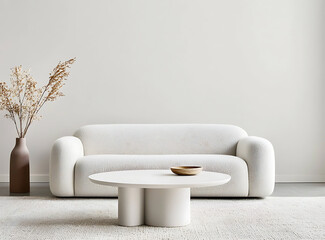 Modern grey sofa and white coffee table create stylish living space, complemented by decorative vase and dried flowers