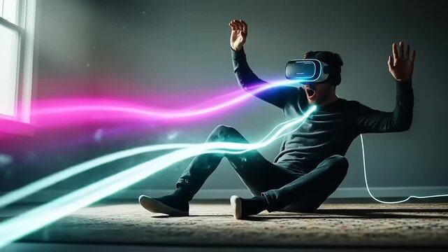 Immersive VR Experience - Man Exploring Virtual Reality World.