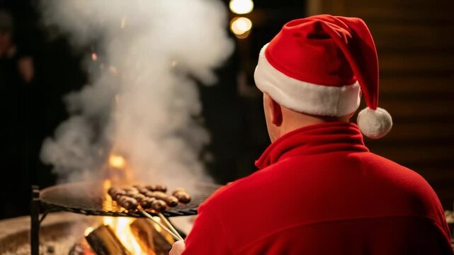 Adult male wearing a festive red Santa hat and fleece jacket, seen from behind, grilling food over a smoky outdoor bonfire at night.