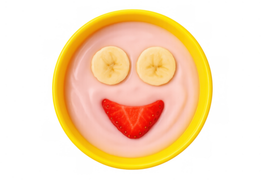 Healthy dessert or breakfast with yogurt, banana, and strawberry creating a happy smiling face, transparent background