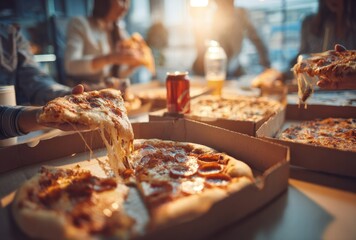 A group of people are gathered around a table, enjoying pizza slices with melted cheese, creating a warm and communal atmosphere with food.