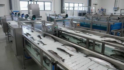 Medium shot of automated grading machinery scanning and categorizing fish by size showcasing hightech aquaculture practices for improving stock quality and yield consistency.