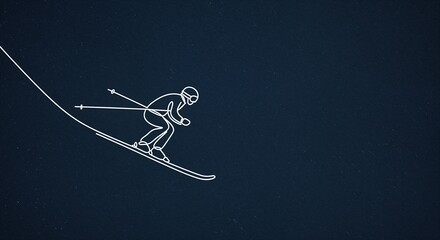 A dynamic white line art illustration features a person skiing downhill with poles on a textured deep blue background, providing generous copy space for text.