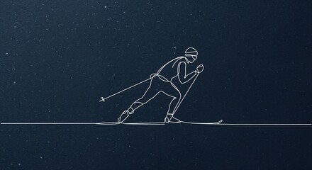 A continuous line drawing depicts a person cross-country skiing in full motion on a dark blue textured background with subtle speckles and ample copy space.