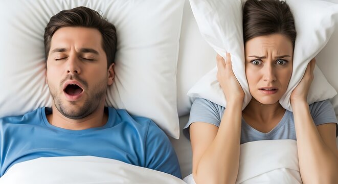 Annoyed woman covering her ears from snoring man, showcasing sleep disturbance and relationship stress due to sleep apnea and snoring issues
