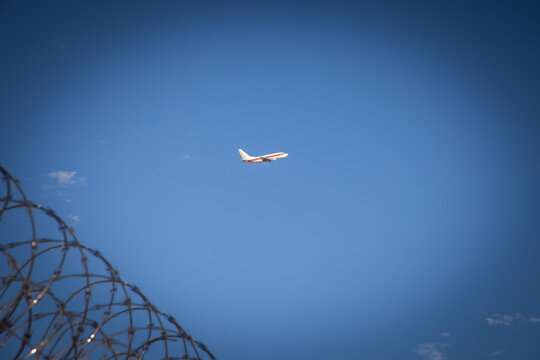 LAS VEGAS - AUGUST 23, 2024: Boeing 737 in red stripe Janet livery takes off from Harry Reid International Airport in Las Vegas, Janet is the nickname to a shuttle associated with Area 51 sites.