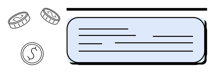 Coins with currency markers next to a blank check featuring simple lines. Ideal for finance, banking, transaction, savings, investment, payment, or economy concepts. Simple flat metaphor