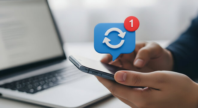 Modern professional checks smartphone notifications for urgent updates and sync reminders