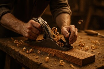 Skilled carpenter planing wood board making smooth shavings in warm workshop light