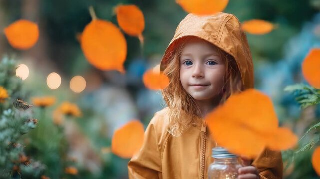 Adorable girl in raincoat explores rainy garden, holding jar of fireflies and dreams of summer, bright and hopeful