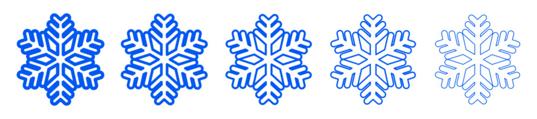 Set of blue snowflake icons drawn with different line thicknesses. Vector illustration showing winter symbols in clean outline style.