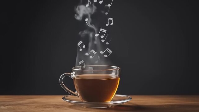 Steaming Tea Cup with Musical Notes - A Harmonious Blend of Senses.