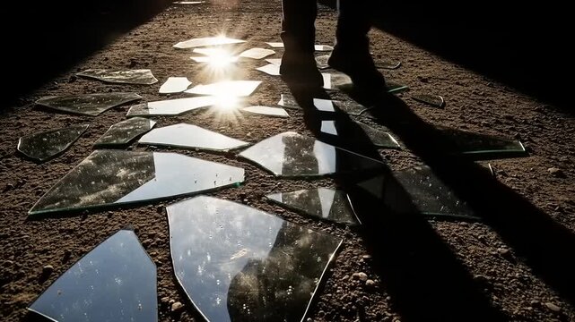 Sunlight reflects off broken glass shards on the ground, casting long shadows and creating a path of light and darkness.
