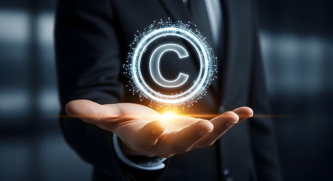 Protecting intellectual property with digital copyright symbol glowing