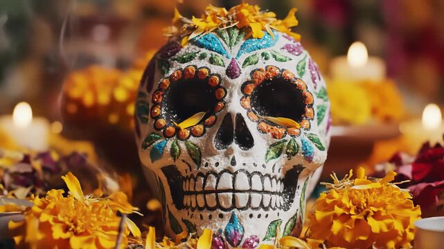 Close-up of a vibrant sugar skull centerpiece, decorated with bright floral patterns, set amidst marigold flowers and glowing candles, evoking a festive and spiritual atmosphere.