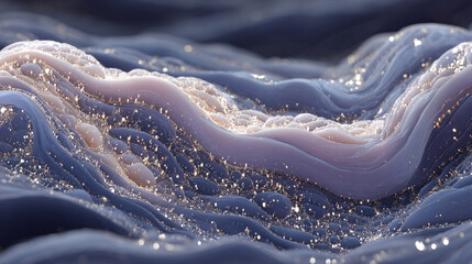 Liquid crystal surface with intricate micro patterns, reflecting light in subtle gradients, showcasing detailed texture and futuristic, high-tech visual complexity.