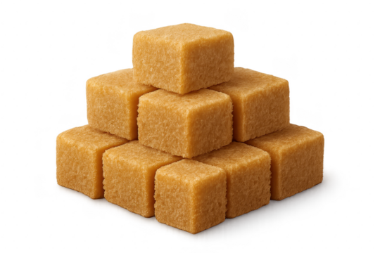 Brown sugar cubes arranged in neat row with perfect geometric shapes isolated on transparent background showing crystalline texture and natural sweetener for cooking and beverage applications